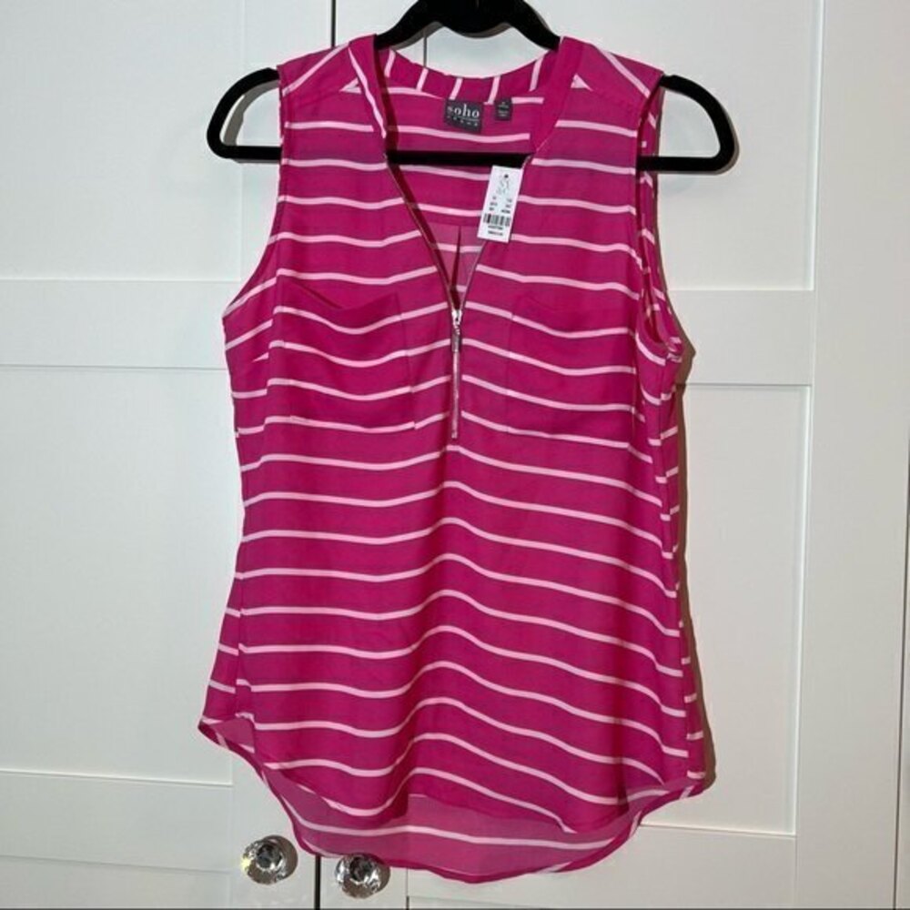 NWT, New‎ York & Company Women's Pink Blouse with White Stripes, Size M